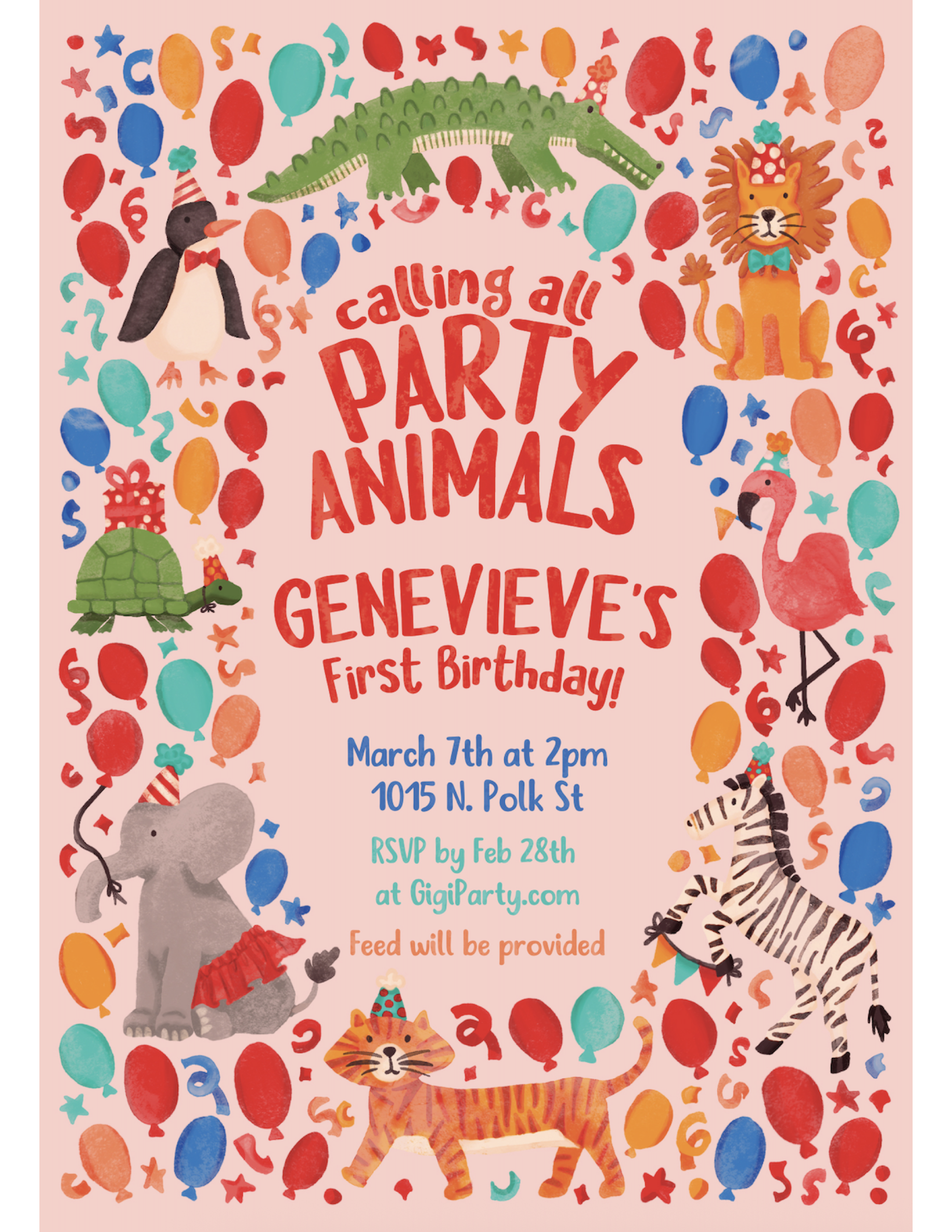 Genevieve's First Birthday - Party Animals Invitation